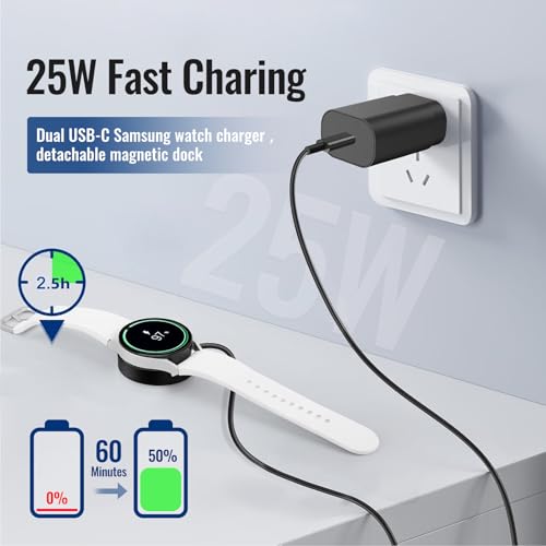 Experience Cutting-Edge Charging with the 25 W Dual USB-C Fast Wireless Charger for Samsung Galaxy Watch Series 4-7 & S22/S23/S24/S25 Ultra/Z Flip 6 – Magnetic Dock, 3.3 ft Cord for Effortless Power Anywhere, Ideal for Home, Office, and Travel. This innovative charging solution features dual USB-C ports for simultaneous device charging, ensuring your Galaxy Watch and smartphone are powered up quickly and efficiently. The 3.3 ft magnetic charging dock offers secure placement, eliminating worries about disconnections. Designed for versatility, this compact charger seamlessly fits into your lifestyle, whether at home, in the office, or on the go. Elevate your charging experience with a sleek design that not only enhances your workspace but also provides the ultimate convenience. Built from high-quality materials for durability, this charger is your perfect companion for fast, reliable charging. Keep your devices ready for action and enjoy a clutter-free charging experience with this essential accessory.