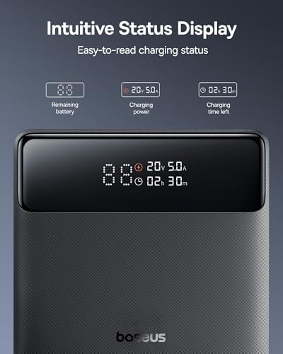 Baseus 100 W Slim Portable Power Bank – 20,000 m Ah Fast Charger with Dual USB-C & USB-A Ports – Ultimate Travel Companion for Business Professionals and Tech Enthusiasts – TSA-Approved Laptop Charger for Mac Book, i Phone, Samsung Galaxy, Dell – Stay Powered Anywhere with Real-Time Display and Safety Features