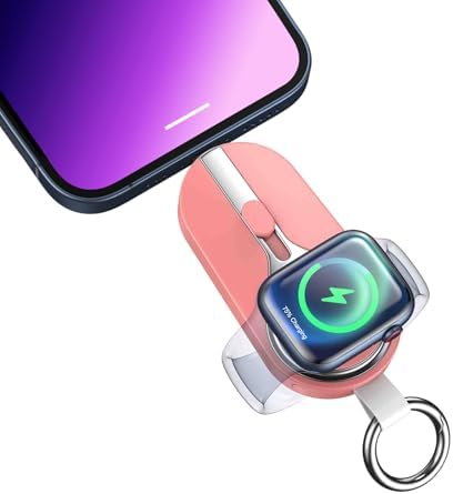 Mini Keychain Charger for i OS Devices – 3000 m Ah Portable Power Bank for Apple Watch Series 9, 8, Ultra & More – Travel-Friendly Wireless Magnetic Battery Pack for Apple Watch, Air Pods & i Phone – Lightweight Pink Design with Fast Charging & Safety Features