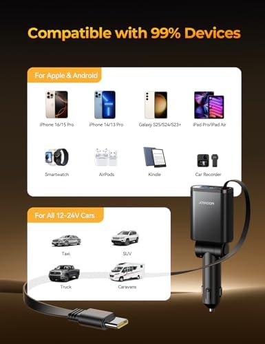 Ultra-Compact 72 W Retractable Car Charger – PD 45 W Fast Charging for i Phone 15/16, Samsung S25/S24 & Pixel – Space-Saving USB C Adapter for Convenient On-the-Go Power Solutions