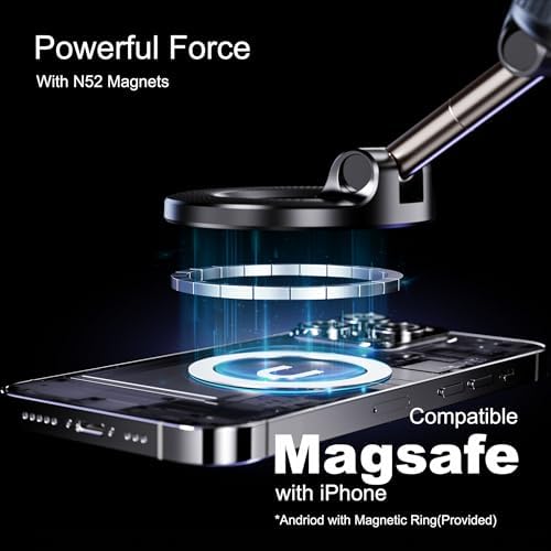 Universal Magnetic Car Phone Holder with Vacuum Suction Cup – Effortless Hands-Free Access for i Phone & Android, Mag Safe-Compatible, No Charging Required, Compact & Foldable Design for Ultimate Convenience and Stability