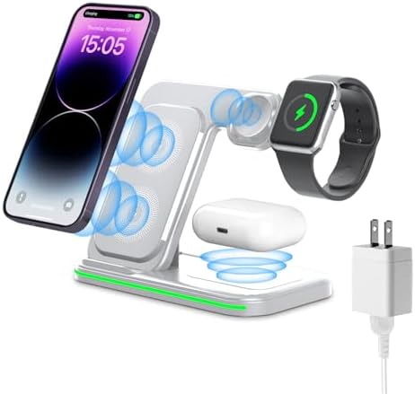 3-in-1 Foldable Wireless Charging Station for i Phone, Apple Watch & Air Pods – Fast Charging Hub with QC 3.0 Adapter for Enhanced Speed and Multi-Device Compatibility – Sleek Black Design for Home, Office & Travel Use – Effortless Charging with Adjustable Stand & Safety Features