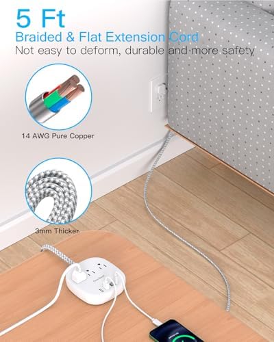 10 Ft Flat Plug Power Strip with 3 AC Outlets & 4 USB Ports, Ideal Desktop Charging Station for Cruise Ships & Dorms – Compact Design & Fast Charging for Multi-Device Use
