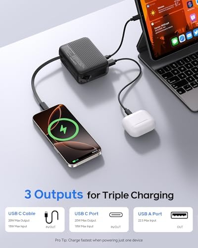 Compact 10,000 m Ah USB-C Power Bank with Retractable Cable – Fast Charging Dual Output Battery Pack for Android Devices, TSA-Compliant Travel Charger with Built-In Safety Features and Convenient Carry Loop for On-the-Go Power