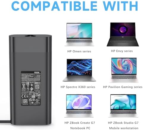 Power Up Your HP: 200 W Ultra-Fast Laptop Charger for ZBook, Victus, Pavilion, and Envy Series – Advanced AC Adapter with Rapid Charging, Safety Features, and Travel-Friendly Design for Optimal Performance and Convenience