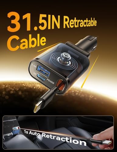 Ultra-Compact 72 W Retractable Car Charger – PD 45 W Fast Charging for i Phone 15/16, Samsung S25/S24 & Pixel – Space-Saving USB C Adapter for Convenient On-the-Go Power Solutions