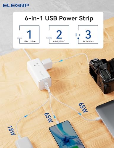 ELEGRP Surge Protector Power Strip with 3 AC Outlets & 3 USB Ports – 65 W Fast Charging USB-C Extension Cord, 5 FT Versatile Charging Station for Home and Office, Compact Design for Safe Device Protection