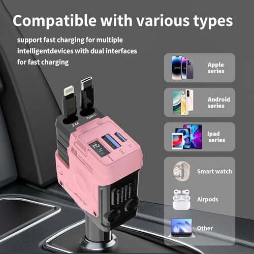 Ultimate 4-in-1 Retractable Car Charger – 69 W USB-C Adapter with Dual Ports, Shock Absorption Technology for i Phone 16 and More, Travel-Ready Power Solution with 31.5-inch Tangle-Free Cables, Essential Road Trip Accessory for Multi-Device Charging