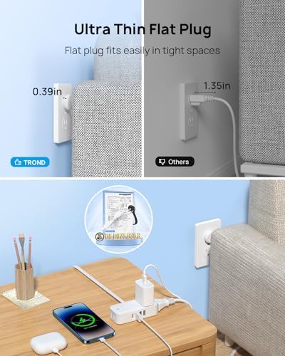 Compact TROND Travel Power Strip with USB Charging Ports – 5 ft Flat Plug Extension Cord for Seamless Device Connectivity in Dorm Rooms and Offices – Essential Travel Adapter for Multiple Outlets and Enhanced Compatibility