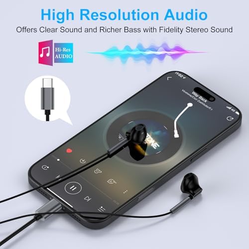 USB C Wired Earbuds for Galaxy S25/S24/S23, i Phone 16 & Pixel 9 a – Premium Hi-Fi In-Ear Headphones with Built-in Microphone for Seamless Connectivity, Lightweight Ergonomic Design for Ultimate Comfort, and Tangle-Free Durability for Everyday Use