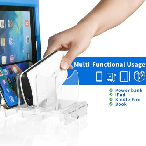 Sleek Acrylic Multi-Device Charging Stand – Black Organizer for Power Banks, Phones & Tablets – 4 Slot Desktop Holder with Enhanced Airflow for Rapid Charging & Tangle-Free Storage – Ideal for Home & Office Use