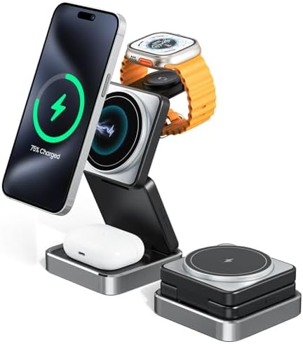 Revolutionary 3-in-1 Wireless Charging Station: 15 W Fast Charger for i Phone, Mag Safe Compatible, Foldable Travel Design for Apple Watch & Air Pods – Ultimate Convenience and Style for Your Nightstand or On-the-Go Power Needs