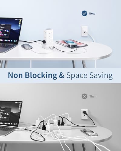 Revolutionize Your Workspace with the Ultra-Thin Surge Protector Power Strip Tower – 10 FT Flat Plug Extension Cord and 1 USB-C Port for Fast Charging, 1020 Joules of Device Protection, Perfect Desk Charging Station for Office and Dorm Room Essentials