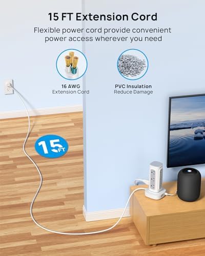 TROND Power Strip Tower with Retractable Design – 5 ft Flat Plug Extension Cord Featuring 5 AC Outlets and 20 W USB-C Fast Charging Ports, 1700 Joules Surge Protection for Home Office and Dorm Room Efficiency – Ultimate Connectivity Solution
