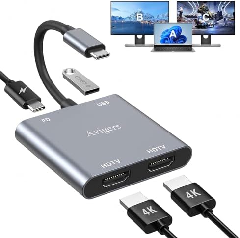 Elevate Your Setup with the Avigers USB C to Dual HDMI Adapter – 4 in 1 Multi-Display Hub for Seamless 4 K Productivity and Gaming, Features 2 HDMI Outputs, PD Charging Port, and USB 3.0 for Lightning-Fast Data Transfer – Lightweight, Portable Design for On-the-Go Professionals and Gamers