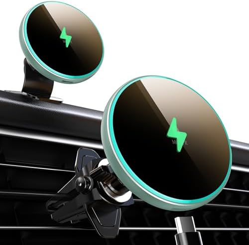 MOKPR Mag Safe Wireless Car Charger – 15 W Fast Charging Magnetic Phone Holder with LED RGB Lights for i Phone 14/13/12 Series – Versatile Dash & Air Vent Mounting for Hands-Free Navigation and Enhanced Compatibility