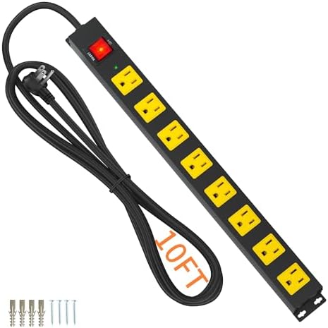10 FT Heavy Duty 8 Outlet Surge Protector Power Strip with Wall Mount Capability – 2100 Joules of Protection for Home, Office, Garage and Workshop – Versatile, Space-Saving Design with Wide Spaced Outlets for Large Plugs and Electronics