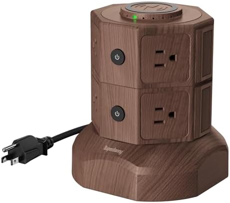 Revolutionize Your Charging Setup with SUPERDANNY Power Strip Tower – 15 W Wireless Charger, 6.5 Ft Retractable Cord, 1050 J Surge Protection, 8 Outlets & 4 USB Ports (2 USB-C) for Ultimate Home and Office Versatility