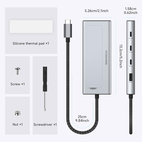 Transform Your Workspace with RSHTECH 5-in-1 USB C Hub: Lightning-Fast 10 Gbps Data Transfer, M.2 NVMe/SATA SSD Enclosure, and 100 W Power Delivery for Mac Books and Laptops – Sleek Aluminum Design for Ultimate Portability and Compatibility