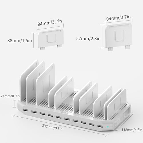Ultimate 10-Port USB Charging Station with QC3.0 – 60 W Multi Charger Hub for Tablets & Smartphones, Customizable Dividers for Organized Power Management, Fast Charging Technology for Home & Office Use
