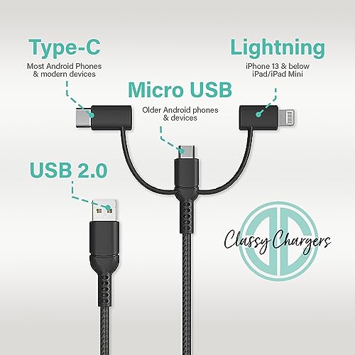 Versatile 3-in-1 Universal Charging Cable – 6 ft Nylon Braided Charger for i Phone, Android & More | Lightning, Type C & Micro USB Compatibility | Fast Charging Solution in Vibrant Tangerine for Ultimate Convenience and Style