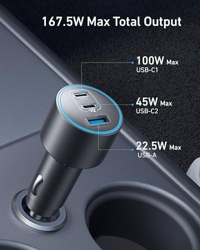 Anker 167.5 W Ultra-Compact 3-Port USB-C Car Charger for i Phone 16, Mac Book Pro/Air, Samsung S24/S23 – Fast Charging Adapter with Enhanced Compatibility for On-the-Go Power Solutions