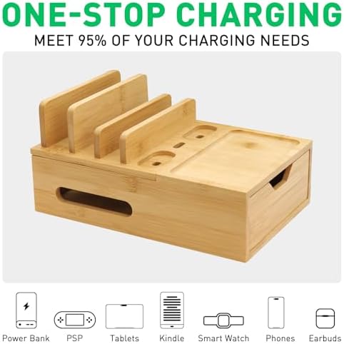 Eco-Friendly Bamboo Charging Station: Multi-Device Docking Organizer with Drawer & Tray, Includes 6 Cables & 5-Port USB Charger for Enhanced Device Compatibility and Fast Charging Solutions, Perfect for Home or Office Use