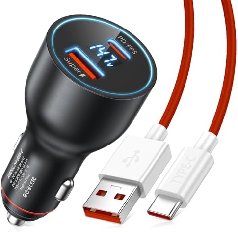 High-Performance Car Charger for One Plus Devices – Super VOOC 120 W & 100 W Fast Charging Adapter with 65 W Warp Charger, USB-C Compatibility, 3.3 FT Cable, LED Display for Real-Time Monitoring – Perfect for One Plus 13, 12, Nord Series & More