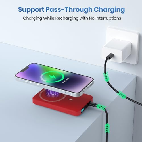 Ultra-Slim Magnetic Portable Charger 10800 m Ah Power Bank with LCD Display – Fast 20 W PD USB-C Input/Output, Wireless Charging for Mag Safe-Compatible i Phones Including 16/15/14/13 Series – Lightweight Travel Essential for On-the-Go Power