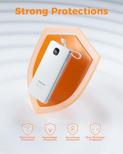 TESSAN 10,000 m Ah Portable Charger with Built-In Cables and Fast 20 W Charging – Compact Power Bank with Foldable Wall Plug for i Phone 16/15, Samsung, and Tablets – Essential Travel Companion for Uninterrupted Device Power