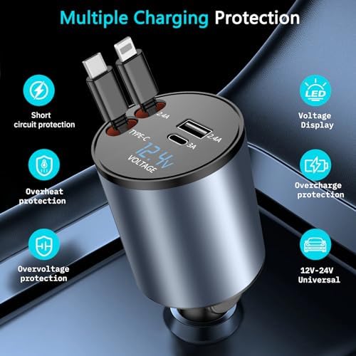 Paiholy 66 W 4-in-1 Retractable Car Charger – Dual USB Fast Charging Station with Dual i Phone Cables for i Phone 14/13/12/11 Pro Max/XS MAX and i Pad – Real-Time Voltage Display, Compact Design for Effortless Travel Convenience