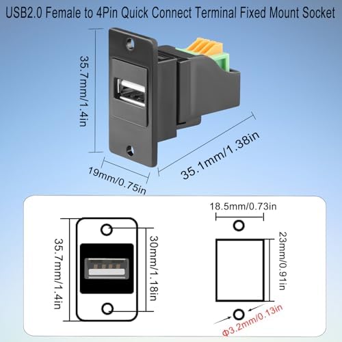 QIANRENON USB2.0 Rectangular Panel Mount Crimp Terminal Solderless Adaptor USB2.0 Female to 4Pin Quick Connect Terminal Fixed Mount Socket, for 480Mbps Data Transfer 5V2A Charging – Enhanced Compatibility and Speed