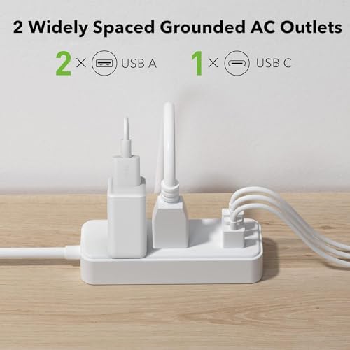 Elevate Your Charging Game with the Clear Power 2-Outlet Power Strip – 6 ft Flat Plug Power Station Featuring 3 USB Ports (1 USB-C) for Rapid Device Charging, Ideal for Home, Office & Travel, Durable & Compact Design, White, Model DC3 S-1102-DC