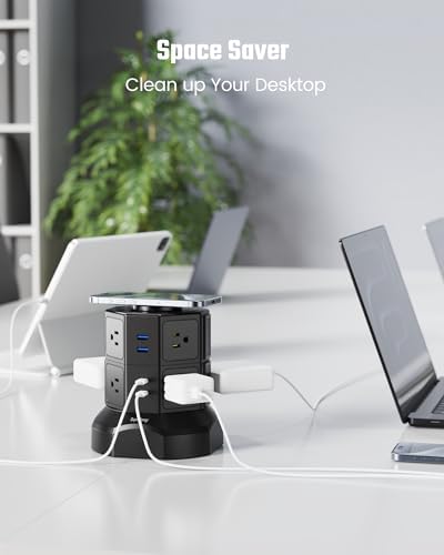 Revolutionize Your Charging Setup with SUPERDANNY Power Strip Tower – 15 W Wireless Charger, 6.5 Ft Retractable Cord, 1050 J Surge Protection, 8 Outlets & 4 USB Ports (2 USB-C) for Ultimate Home and Office Versatility
