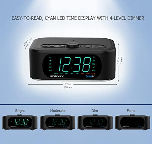 Elevate Your Morning Routine with the Emerson ER100202 Smartset Dual Alarm Clock Radio – Bluetooth-Enabled, USB Charging Port, and Qi Wireless Charger for Effortless Device Power – Stylish and Functional Addition to Your Bedside or Office Setup