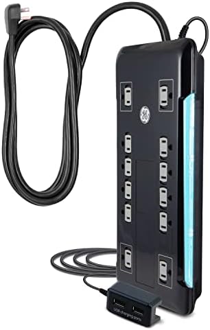 GE Ultra Pro 12-Outlet Surge Protector with 2 USB Charging Ports, 4320 Joules of Protection, 8-Foot Flexible Power Cord, Space-Saving Flat Plug, Enhanced Power Filter, Built-In Circuit Breaker, UL Listed Safety Assurance, Sleek Black Design for Home and Office Electronics