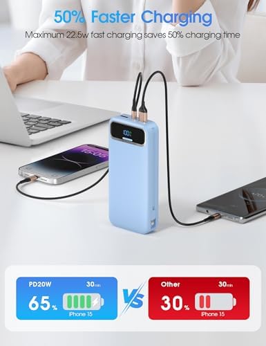 Ultra-Compact 12000 m Ah Power Bank with Built-in Charging Cables & AC Plug – 20 W PD Fast Charging for i Phone, Samsung, Android, USB-C Devices – Travel-Friendly External Battery Pack in Purple – Unmatched Portability and Efficiency for On-the-Go Charging Solutions