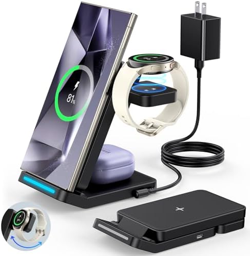 Ultimate 3-in-1 Foldable Wireless Charging Station for Samsung – Fast Charger for Galaxy S25 Ultra, S24/S23/S22/S21, Note 20, Z Flip/Fold 6/5, Galaxy Watch Ultra/7/6/5 Pro & Galaxy Buds – Portable & Sleek Design for Home, Office, Travel