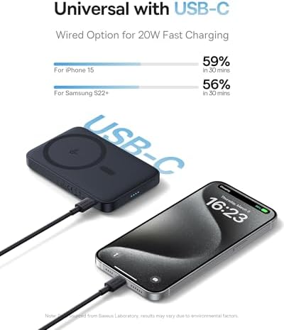 Baseus Qi2 Mag Safe Ultra-Slim Power Bank for i Phone 16/15/14/13/12 – 15 W Fast Wireless Portable Charger with Magnetic Design and 360° Rotatable Stand – 5000 m Ah Battery Pack for On-the-Go Charging – Sleek Black Finish and Enhanced Compatibility