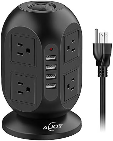 Compact Surge Protector Power Strip Tower with 8 AC Outlets & 4 Fast-Charging USB Ports (1 USB-C) – Aioy 10 FT Flat Plug Extension Cord for Organized Home & Office Use, Black – Ultimate Device Charging Solution for Efficiency and Safety
