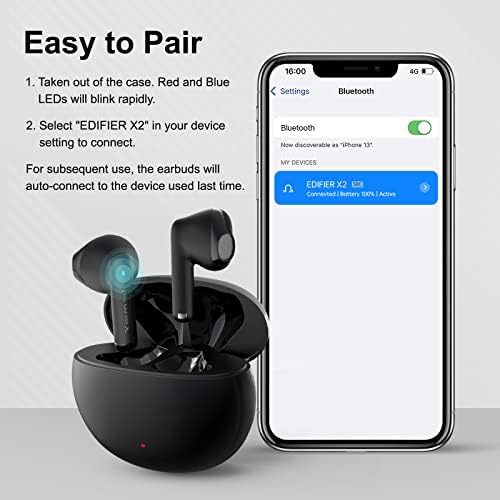 Edifier X2 Wireless Earbuds – Premium Bluetooth Headphones with Microphone | Lightweight Hi-Fi Stereo Sound | IPX54 Waterproof Cordless In-Ear Design | 28-Hour Playtime with Charging Case | Enhanced Compatibility for Seamless Listening Experience | Ideal for Active Lifestyles