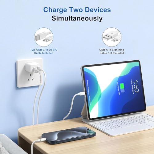 Dual-Port 20 W USB-C Rapid Charger for i Phone 15 Series – High-Speed Charging Adapter with 6 ft & 10 ft Cables – Travel-Friendly Compact Wall Charger for i Pad Pro, Air Pods, and More – Enhanced Safety and Versatile Compatibility for Daily Use