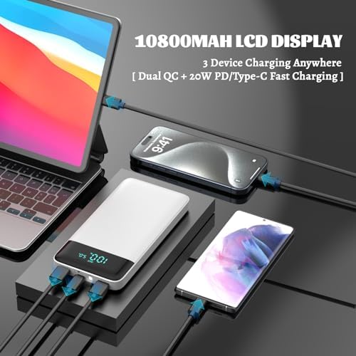 Ultra Slim 10800 m Ah Portable Charger with LCD Display – Fast Charging Power Bank with 20 W PD USB-C Output, Ideal for i Phone 15, 14 & Samsung Android – Compact Power Solution for On-the-Go Charging