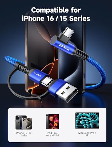 JSAUX 100 W USB C Cable 2-Pack – 10 FT Right-Angle Charging Cords with Fast Data Transfer for i Phone 16, Samsung Galaxy, i Pad & Mac Book – Durable & Flexible Design for Effortless Charging in Tight Spaces