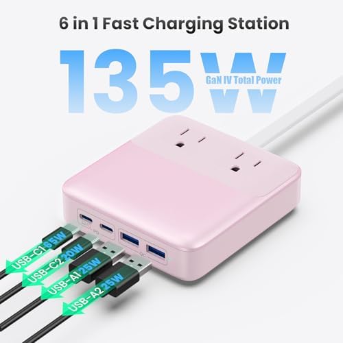 High-Power 135 W Ga N USB C Charging Hub – 6-in-1 Power Station with 2 AC Outlets, 2 USB-A & 2 USB-C Ports, 5 ft Cord, Ideal for PD 65 W Laptop Charging (Mac Book Air/Pro, i Phone 16/15, Galaxy S24) – Fast, Efficient, Universal Device Charger for Home and Travel