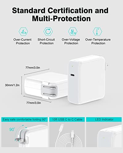 Ultra-Fast 10 ft USB-C Charger for Mac Book Pro & Air – 96 W Power Adapter with LED Indicator, Compatible with M1, M2, M3, M4 Models – Charge Your Device in Record Time! Experience lightning speed charging for your Mac Book Pro 16″ in just 1 hour and 47 minutes, and get your Mac Book Pro 14″ to 50% in only 30 minutes—outperforming standard 67 W chargers. This premium 100 W USB-C cable, featuring an advanced E-Mark chip, ensures maximum power delivery and data sync speeds of up to 480 Mbps. Designed to work seamlessly with a variety of devices including Surface Book, Dell, Lenovo, and i Pads, this charger offers enhanced compatibility for all your tech needs. The soft LED indicator and foldable plug enhance portability while providing protection against overcharging and short circuits. Elevate your charging experience with this essential accessory, making it perfect for travel and everyday use!