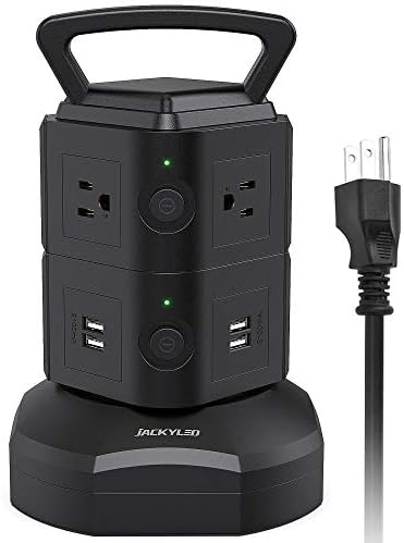JACKYLED Power Strip Tower Surge Protector with 12 Outlets and 6 USB Ports (2 USB-C) – High-Speed Charging Station with 1050 Joules Protection, 1625 Watts, 6.5 ft Extension Cord for Enhanced Home Office Efficiency and Device Safety