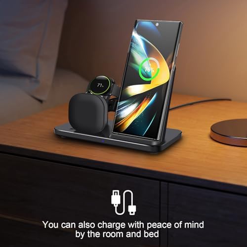 Ultimate 3 in 1 Wireless Charging Station – 15 W Fast Charger for Samsung Galaxy S Series, Note, Galaxy Buds, and Watches – Streamlined, Space-Saving Design with Advanced Safety Features for Home and Office Use