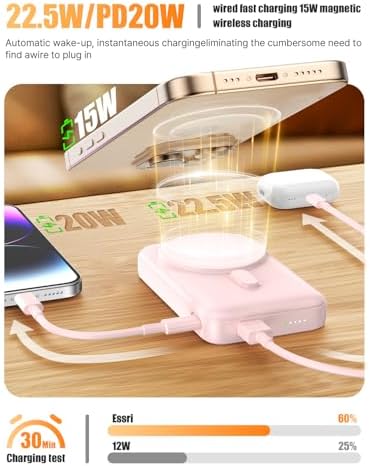 Essri 10000 m Ah Wireless Magnetic Power Bank – PD 22.5 W Fast Charging Portable Charger with Built-in Cable for Mag Safe i Phone 16/15/14/13/12 Series – Stylish Pink Design with Integrated Stand for On-the-Go Convenience and Seamless Power Solutions