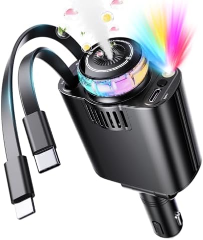 Revolutionary 5-in-1 Retractable Car Charger with Aromatherapy and Starlight Projection – 69 W Fast USB-C Charger for i Phone 16/15/14/13/12 and Android Devices, Dual Charging Ports, Stress-Relieving Air Freshener, and Tangle-Free Design for Enhanced Driving Comfort